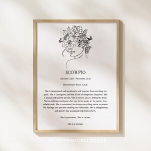 Scorpio Zodiac Print | Floral Line Art, Astrology Decor (Digital Download A3/A4 PDF)