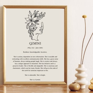 Gemini Zodiac Star Sign &quot;She is&quot; Digital Printable - Line Art Floral/Botanical PDF