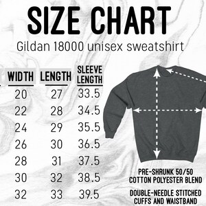 K&ouml;nnte beinhalten: Gr&ouml;&szlig;entabelle f&uuml;r ein Gildan 18000 Unisex-Sweatshirt. Die Tabelle zeigt die Gr&ouml;&szlig;e, die Breite in Zoll, die L&auml;nge in Zoll und die &Auml;rmell&auml;nge in Zoll. Die Tabelle umfasst die Gr&ouml;&szlig;en S bis 4XL.
