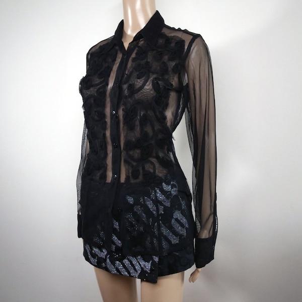 Miss Sixty Luxury embellished black mesh shirt M