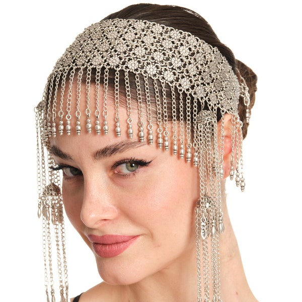 Ornate Silver Bridal Headpiece, Vintage Bohemian Bridal Head Chain, Handcrafted Wedding Tiara, Luxury Statement Bridal Head Accessory