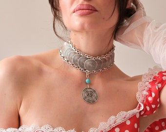 Bohemian Silver Choker with Turquoise Accent – Vintage-Style Adjustable Statement Necklacex