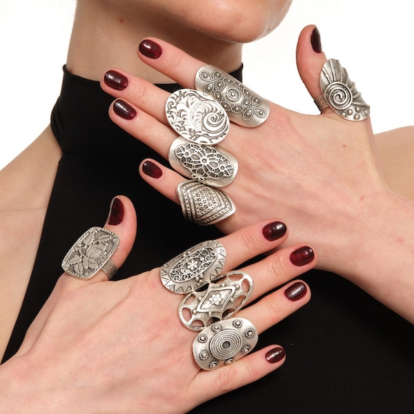 Bold Full Finger Statement Ring - Chunky Adjustable Brutalist Jewelry - Unique Maximalist Gypsy Ring