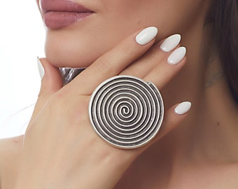 Large Spiral Ring, Boho Silver Adjustable Big Statement Ring, Aesthetic Geometric Circle Wrap Ring, Hippie Jewelry, Big Wire Rings for Women