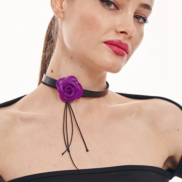 Statement Purple Rose Choker - Adjustable Leather Cord Necklace - Floral Pendant - Elegant Jewelry for Special Occasions