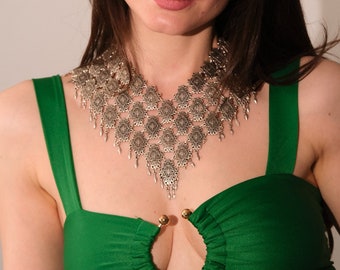Silver Lace Statement Necklace - Vintage Style Artisan Crafted Elegant Bib, Heavy Boho Jewelry, Cleopatra Choker
