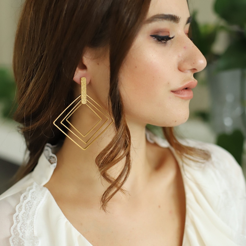 Gold Triple Square Drop Dangle Brass Earrings ZeyDor Aesthetic Hoop Geometric Ethnic Vintage Wedding Boho Jewelry 22k Gold Plated for Women