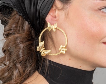 Butterfly Hoop Earrings, Statement Stud Earrings, Chunky Earrings, Boho Style Jewelry, Oversize Earrings, Large Earrings, Minimalist Earring