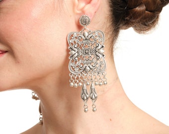 Boucles d'oreilles lustre en argent - Exquis style ancien d'inspiration victorienne, fabrication artisanale de luxe, boucles d'oreilles tendance, grosses boucles d'oreilles