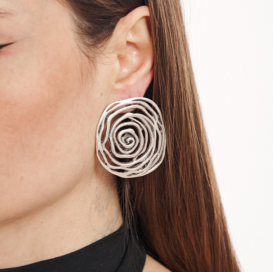 Wire Rose Stud Earrings, Boho Stud Earrings, Silver Statement Earrings