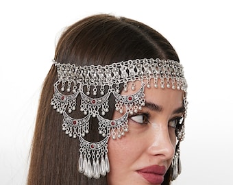 Boho Silver Headpiece: Elegant Dangling Design with Red Gems | Bridal, Festival, Belly Dance Accessory