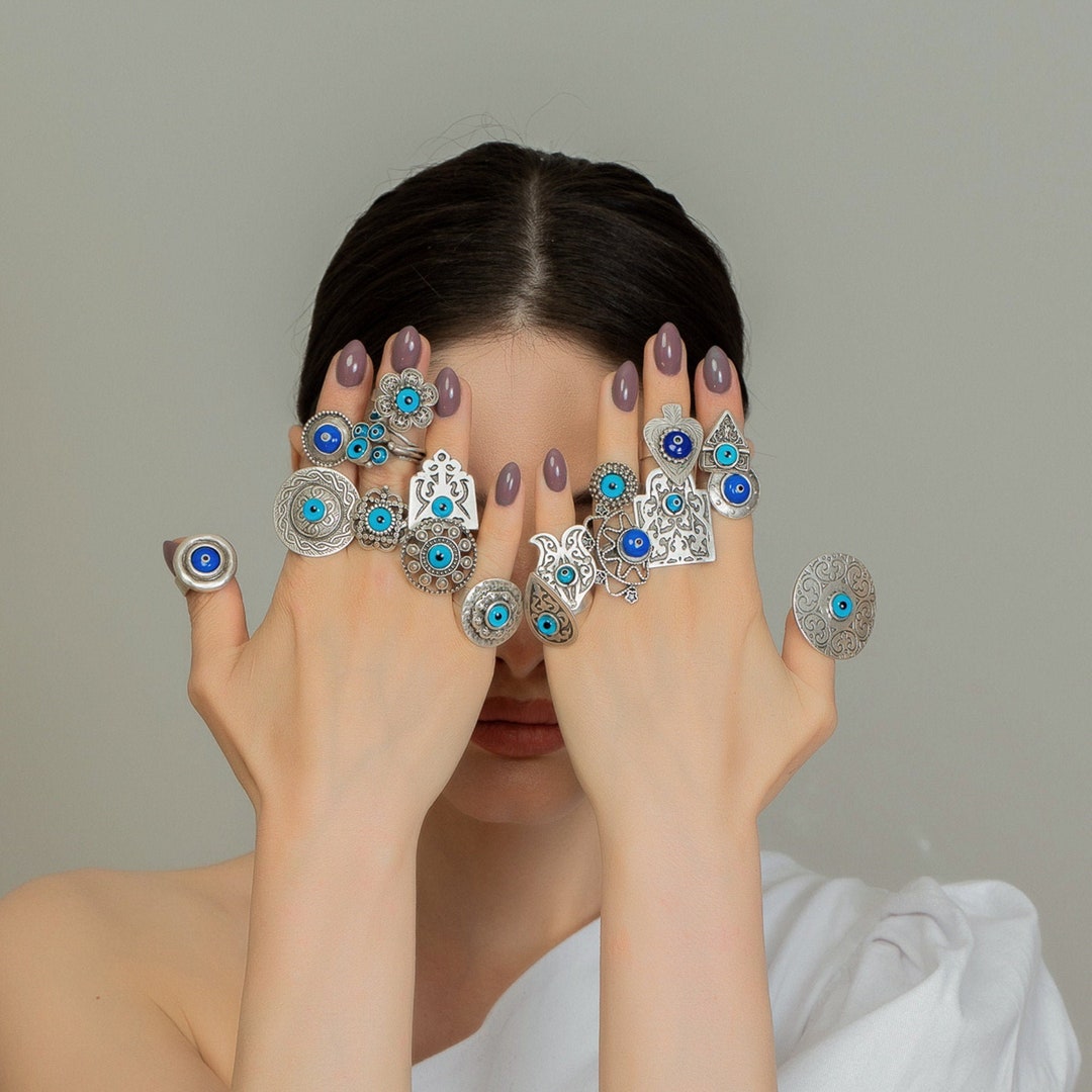 Boho Evil Eye Rings, Adjustable Protection Rings, Blue Large Statement ...