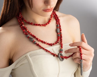 Red Coral Necklace, Long Statement Necklace, Multi-Strand Gemstone Necklace, Courage Necklace, Healing Necklace, Red Beaded Necklace, ZEYDOR