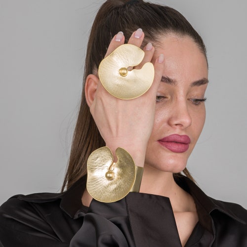 Gold Cuff Bracelet & Ring Set Adjustable Statement Ring Etsy