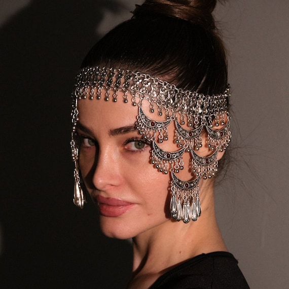 Afghan Cleopatra Bohemian Silver Chain Headpiece Bellydance Costume Festival Statement Head Chain Handmade Boho Head Jewelry for Women Etsy