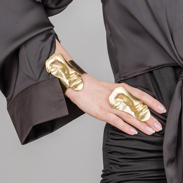 Statement Armband & Ring Set, Verstellbarer Statement Ring, Gold Abstraktes Gesicht Manschettenarmband, Chunky Cuff Armband, Boho Style, Chunky Ring