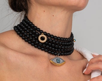 Schwarze Onyx Halskette mit Bösem Auge, Mehrsträngige Edelstein Halskette, Schutz Halskette, Evil Eye Schmuck, Schwarze Perlen Statement Halskette