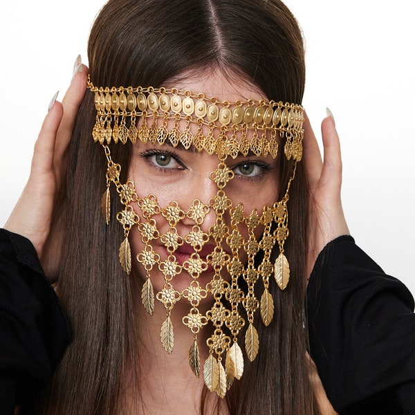 Luxurious Gold-Plated Brass Face Veil - Statement Boho Headpiece with Intricate Leaf Design, Adjustable Chain