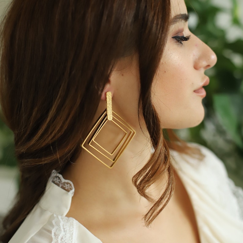 Gold Triple Square Drop Dangle Brass Earrings ZeyDor Aesthetic Hoop Geometric Ethnic Vintage Wedding Boho Jewelry 22k Gold Plated for Women