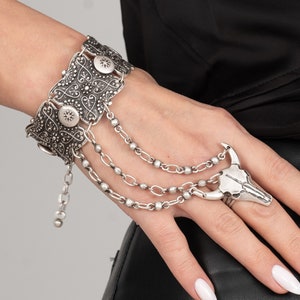 Hand Bracelet with Bull, Gothic Hand Chain, All Finger Rings, Ring Attached to Bracelet, Hand Bracelet Connected to Ring, Slave Bracelet