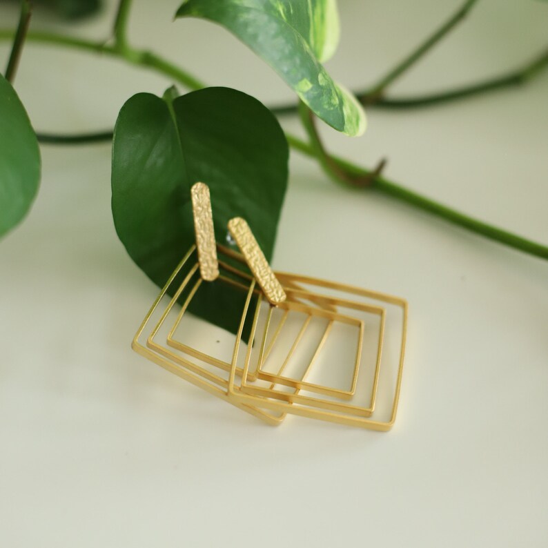 Gold Triple Square Drop Dangle Brass Earrings ZeyDor Aesthetic Hoop Geometric Ethnic Vintage Wedding Boho Jewelry 22k Gold Plated for Women