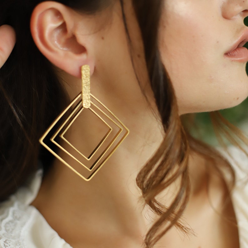 Gold Triple Square Drop Dangle Brass Earrings ZeyDor Aesthetic Hoop Geometric Ethnic Vintage Wedding Boho Jewelry 22k Gold Plated for Women
