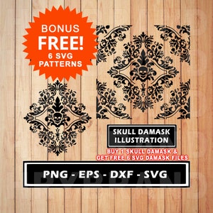Skull Damask Seamless Pattern with 6 Svg Free Print Floral, Baroque Design SVG DXF PNG Instant Download for Cricut, Silhouette 1 with 6 free