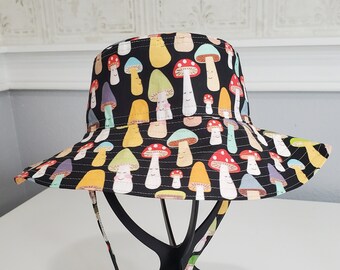 Mushroom Baby Bucket Hat: Reversible Cotton Sun Hat with Chin Straps