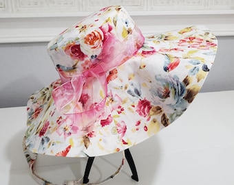 Reversible Wide Brim Sun Hat: Floral Tea Party Wedding Hat
