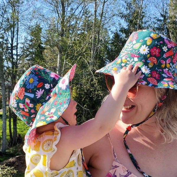 Baby/Child Bucket Hat, (see matching mommy hat), Custom Size Baby Sun Hat, Reversible Beach Toddler Hat, Summer Hat for Baby, 100% Cotton