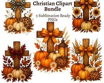 Fall Christian Clipart Bundle, Leopard Pumpkin Crosses (PNG Digital Download)
