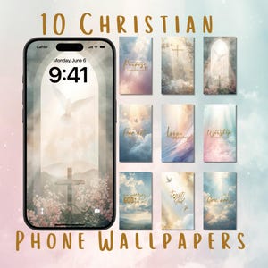May include: A smartphone displays a serene wallpaper with a cross, dove, and floral elements. The image showcases 10 Christian phone wallpapers with inspirational quotes like "Purpose" and "Fear not". The text "10 Christian Phone Wallpapers" is at the top.
