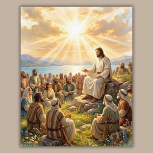 Puede incluir: Una pintura religiosa representa a un hombre con túnica blanca hablando a una multitud. La escena está ambientada al aire libre, con un lago y montañas al fondo. El sol brilla intensamente desde arriba, iluminando la escena.