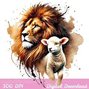 May include: A watercolor painting of a lion with a mane of brown and gold fur, looking to the left. A white lamb is standing next to the lion, looking to the right. The background is a brown watercolor wash.