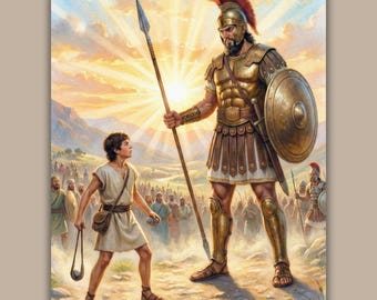David and Goliath Watercolor Painting Digital Printable Download, Christian Wall Art, Biblical Battle Illustration,Inspirational Faith Decor