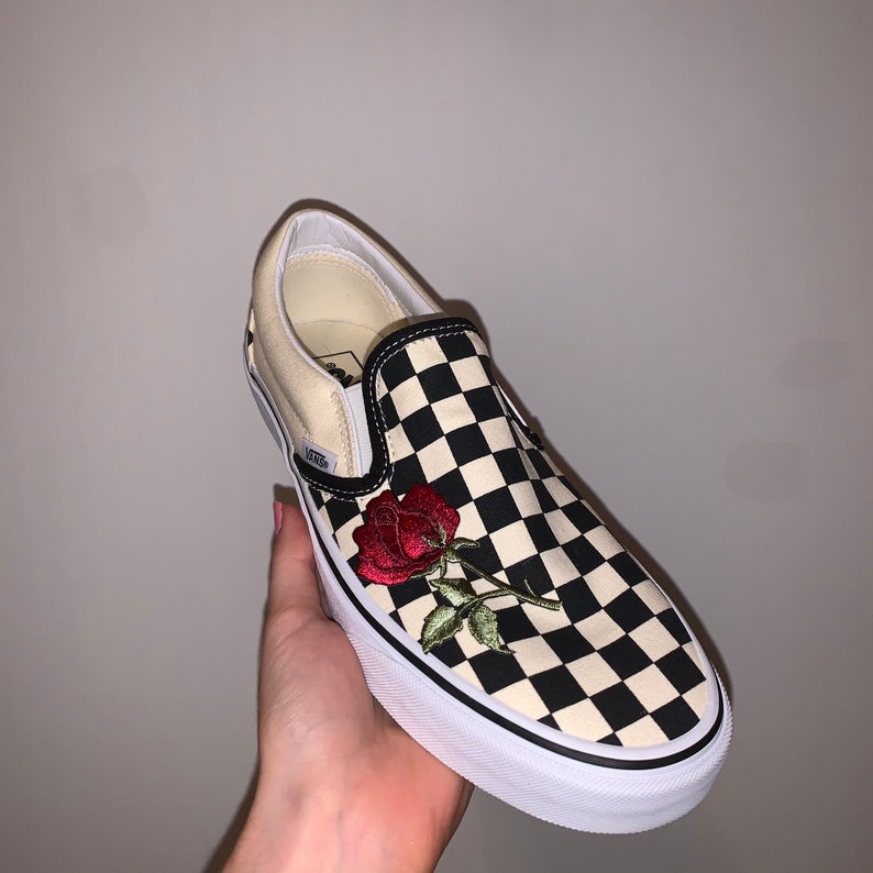 Checkerboard Slip on Black and White Red Rose Embroidery Vans | Etsy