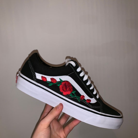 black vans rose embroidery