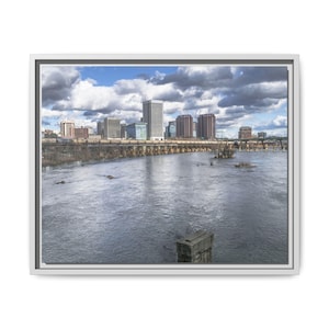 RVA Reflections - Framed Canvas Print of the James River Cityscape - Modern Décor, Urban Wall Art, Gift, Office Wall Decor, RVA