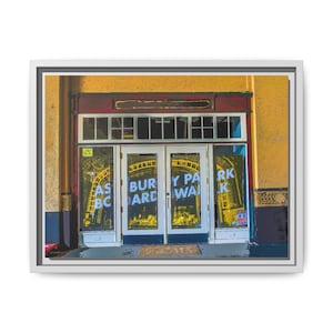 Gateway to the Shore - White Framed Canvas Print of the Asbury Park Boardwalk - Modern Décor, Urban Wall Art, Jersey Shore