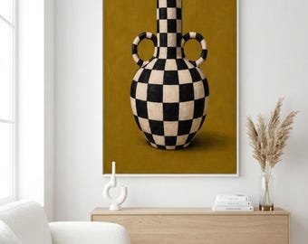 Checkered Vase Wall Art Printable, Scandinavian Modern Art Print, Black and White Ceramic Vase, Minimalist Neutral Home Decor, Digital Downl
