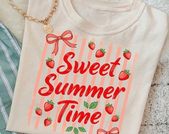Striped Sweet Summer Time png, Floral Strawberry Summer T-shirt Graphic, Strawberry Coquette PNG Sublimation Design, Sublimation