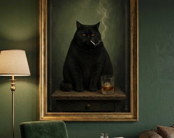 Moody Black Cat Wall Art Printable, Smoking Cat with Whiskey Dark Humor Poster, Victorian Style Printable Art, Printable, Digital Download