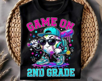 Game On 2nd Grade PNG, Baseball Back to School PNG, Second Grade Shirt Design, Baseball Kid PNG, Sublimation Design, Digital Download