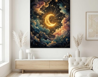 Celestial Balance | Cosmic Boho Decor | Sun and Moon Wall Art Print | Cosmic Boho Decor | Framed Print | Digital Download