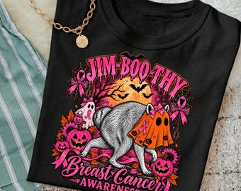 Jim-Boo-Thy Breast Cancer Awareness Halloween PNG, Raccoon Pink Ribbon Design, Spooky Cancer Awareness PNG, Halloween Sublimation Design