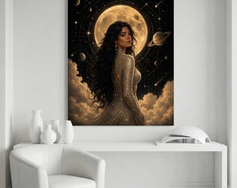 Celestial Muse Print, Retro Sci Fi Woman Art, Celestial Moon Goddess Wall Art Printable, Mid Century Modern Wall Decor, Digital Download