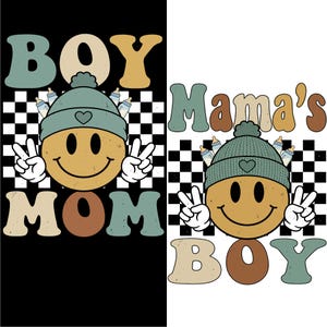 May include: A retro-style graphic with a smiley face wearing a teal beanie and making peace signs. The words "BOY MOM" are above and below the face, with a checkered background.