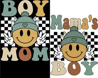 Boy Mom & Mama’s Boy Retro Smiley Face PNG | Trendy Motherhood Design | Vintage Checkered Graphic, Sublimation, DTF, Cricut Download