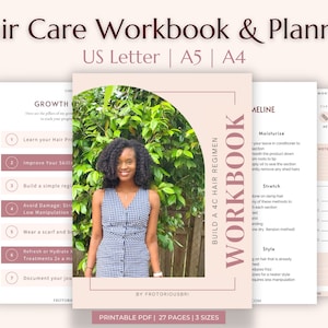 Könnte beinhalten: Ein rosa-weißes druckbares Arbeitsbuch mit dem Titel "Build a 4C Hair Regimen Workbook" mit einer Frau mit lockigem Haar im Hintergrund. Das Arbeitsbuch enthält Abschnitte über Wachstum, Haarpflege und einen Zeitplan für die Haarpflege.