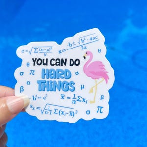 May include: A white die-cut sticker featuring a pink flamingo and various mathematical formulas in blue. The text reads YOU CAN DO HARD THINGS in black and blue lettering. The design includes Greek letters like sigma, pi, theta, alpha, beta, and mu.